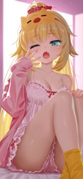 1girl :o ;o absurdres akai_haato aqua_eyes bed_sheet blonde_hair breasts commentary english_commentary fang frills haaton_(akai_haato) hair_ornament hair_scrunchie hand_on_own_knee highres hololive indoors jacket knees_up long_hair mask mask_on_head maverick_(mvk022) medium_breasts off_shoulder one_eye_closed open_mouth pink_jacket pink_scrunchie romper scrunchie sitting skin_fang sleep_mask socks solo spaghetti_strap very_long_hair virtual_youtuber white_romper yellow_socks