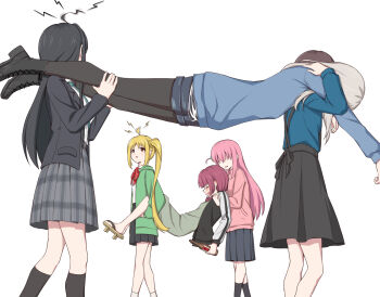 Rule 34 | 6+girls, ahoge, anglediana, awa subaru, black boots, black hair, black jacket, black overalls, black pantyhose, black socks, blonde hair, blue necktie, blue shorts, blue sweater, boots, bottle, bow, bowtie, brown hair, carrying, carrying person, chinese commentary, commentary request, crossover, cube hair ornament, diagonal-striped clothes, diagonal-striped necktie, dress, drooling, drunk, genre connection, geta, girls band cry, gotoh hitori, green dress, grey hair, grey skirt, hair ornament, highres, hiroi kikuri, holding, holding bottle, ijichi nijika, instrument connection, iseri nina, jacket, kawaragi momoka, kneehighs, long hair, long sleeves, multicolored hair, multiple girls, necktie, one eye closed, open clothes, open jacket, open mouth, overalls, pantyhose, pantyhose under shorts, pink hair, pink jacket, plaid clothes, plaid skirt, pleated skirt, polka dot bow, polka dot bowtie, purple hair, red bow, red bowtie, red eyes, roots (hair), sandals, shirt, shorts, side ponytail, sidelocks, simple background, skirt, socks, striped clothes, sweater, trait connection, white background, white shirt