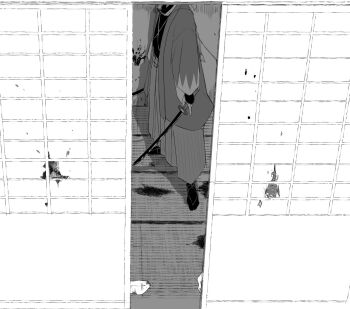 Rule 34 | 1boy, blood, blood on ground, blood on wall, dual wielding, fate/grand order, fate (series), fusuma, greyscale, hakama, head out of frame, headband, headband around neck, highres, holding, japanese clothes, katana, kimono, monochrome, saitou hajime (fate), saitou hajime (third ascension) (fate), sayo (38b c0), sliding doors, solo, striped hakama, sword, tatami, unsheathed, unworn headband, weapon