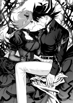 1boy 1girl belt black_dress black_hair bow breasts choker cleavage collar commentary_request corset dress eyelashes facial_mark facial_tattoo fishnet_gloves fishnets flower fudo_yusei gloves highres holding holding_leash izayoi_aki large_breasts leash light_blush marking_on_cheek mochitarod multicolored_hair pants plant rose shirt short_hair short_hair_with_long_locks spiked_hair streaked_hair tattoo two-tone_hair vine_bondage vines yu-gi-oh! yu-gi-oh!_5d&#039;s