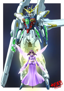 1girl after_war_gundam_x beam_cannon brown_hair closed_eyes commentary_request dress gundam highres long_hair long_skirt mecha mobile_suit_gundam purple_dress robot see-through_clothes see-through_skirt simple_background skirt taiga_hiroyuki tiffa_adill wings