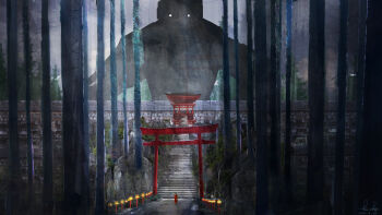 1other ambiguous_gender artist_name commentary_request dated day forest highres kinoko_no_sato lantern monster nature original outdoors path road signature stairs standing torii tree very_wide_shot