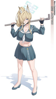 Rule 34 | 1girl, animal ear fluff, animal ears, black gloves, black mask, blue archive, blue eyes, blue sailor collar, blue shirt, blue shoes, blue skirt, blush, commentary, cosplay, cropped shirt, dog ears, dog girl, english commentary, fingerless gloves, gloves, hair over one eye, high heels, holding, holding weapon, industrial pipe, kanna (blue archive), long hair, looking at viewer, mask, mouth mask, mzrz, neckerchief, pleated skirt, sailor collar, sharp teeth, shirt, shoes, side ponytail, skirt, smile, solo, sukeban (smg) (blue archive), sukeban (smg) (blue archive) (cosplay), teeth, weapon, white neckerchief