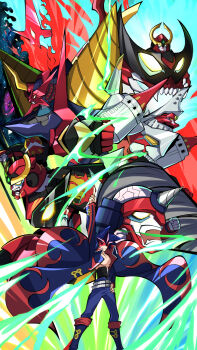 Rule 34 | 1boy, arm up, bare pectorals, belt, blue coat, blue pants, check mecha, chou tengen toppa gurren-lagann, coat, commentary request, dai-gurren, drill, galaxy, gurren, gurren-lagann, hand on own hip, highres, lagann, male focus, mecha, multiple belts, ocha2 22, open clothes, open coat, pants, pectorals, pointing, pointing up, red-tinted eyewear, robot, tengen toppa gurren-lagann (mecha), tengen toppa gurren lagann, tinted eyewear, white belt