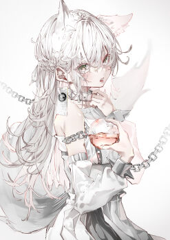 1girl absurdres animal_ear_fluff animal_ears ball bare_shoulders chain collar collar_tug commentary cowboy_shot crying crying_with_eyes_open cuffs detached_sleeves dress english_commentary from_side grey_hair hair_between_eyes hand_up highres holding holding_ball komi_eshi liquid long_hair long_sleeves looking_at_viewer open_mouth original simple_background solo standing streaming_tears tag tail tears white_background white_dress wolf_ears wolf_girl wolf_tail