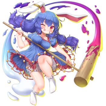 1girl :p animal_ears arinu bloomers blue_dress blue_hair blush breasts closed_mouth dress earclip full_body game_cg hakurei_frontier_spell_strive holding holding_mallet kine large_breasts long_hair looking_at_viewer mallet official_art one_eye_closed puffy_short_sleeves puffy_sleeves rabbit_ears red_eyes seiran_(touhou) short_sleeves smile socks solo third-party_source tongue tongue_out touhou transparent_background underwear white_bloomers white_socks