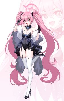 +_+ 1girl absurdly_long_hair absurdres alternate_costume bare_shoulders black_garter_straps black_gloves black_leotard black_shoes blue_archive blush breasts commentary_request double_v fur_shawl garter_straps gloves hair_between_eyes halo high_heels highres koyuki_(blue_archive) kyundoo leotard long_hair looking_at_viewer open_mouth pink_eyes pink_hair pink_halo shawl shoes small_breasts solo standing standing_on_one_leg thighhighs twintails v very_long_hair white_thighhighs zoom_layer