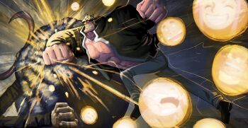 2boys absurdres age_difference animal_ears arthropod_boy bartholomew_kuma beard black_hair bug facial_hair fake_animal_ears fighting g_reaper hat highres horns jacket jaygarcia_saturn jewelry_bonney long_hair multiple_boys muscular muscular_male one_piece open_clothes open_jacket panda_ears pants punching red_eyes remembering shoes size_difference spider spider_boy white_beard white_hair