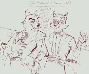 2boys animal_ears bow bowtie claws commentary cup animal_nose drinking_glass english_commentary english_text formal_clothes furry furry_male grin highres holding holding_cup katiewilliams looking_at_another male_focus mr._wolf multiple_boys necktie open_mouth raccoon_boy raccoon_ears raccoon_tail sketch sly_cooper sly_cooper_(series) smile speech_bubble suit tail the_bad_guys_(movie) wine_glass wolf_boy wolf_ears wolf_tail
