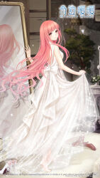 1girl 2015 artist_request back_bow bare_arms bare_back bare_shoulders barefoot bow box brown_eyes carpet closed_mouth copyright_name copyright_notice dress footwear_bow full-length_mirror full_body gown happy high_heels highres indoors lamp light_blush light_particles logo long_hair looking_at_viewer miracle_nikki mirror nikki_(nikki) nikki_(series) official_art pink_bow pink_hair plant potted_plant red_shoes reflection second-party_source shelf shoes sidelocks skirt_hold sleeveless sleeveless_dress smile solo standing stiletto_heels tiptoes unworn_shoes very_long_hair walking watermark wavy_hair weibo_watermark white_bow white_dress white_shoes
