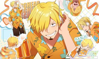 1boy arm_up black_shorts blonde_hair boots character_name cigarette commentary english_text facial_hair goatee grin hair_over_one_eye headset heart highres lapels male_focus multiple_views notched_lapels ntuki_oo3 one_piece orange_boots print_shirt sanji_(one_piece) shirt short_sleeves shorts smile symbol-only_commentary teeth