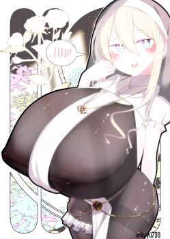1girl black_dress blonde_hair border breasts chain covered_erect_nipples dress fang female_focus flower gigantic_breasts hair_between_eyes huge_breasts kuyu730 long_hair looking_at_viewer nun open_mouth original pale_skin shiny_skin skin_thigh smile solo white_border white_flower