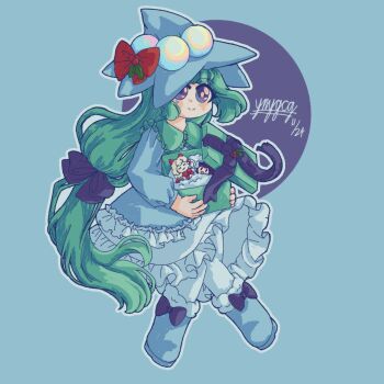 Rule 34 | 1girl, aqua hair, blue background, blue boots, blue dress, blue hat, boots, bow, box, closed mouth, dated, doll, dress, eyelashes, facial mark, full body, gift, hat, hat bow, hat ornament, highres, holding, holding box, holding gift, holly hat ornament, long hair, missile toe (plants vs. zombies), original, outline, personification, plants vs. zombies, plants vs. zombies 2, ponytail, purple eyes, red bow, signature, simple background, smile, solo, user vsvc2775, white outline