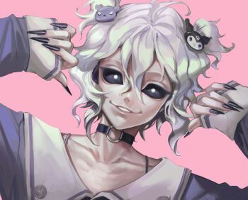 1boy alternate_costume androgynous black_choker black_eyes black_nails black_sclera character_hair_ornament choker collarbone colored_sclera commentary_request contrast_collar fingernails hair_between_eyes hair_ornament hairclip hands_up highres identity_v ithaqua_(identity_v) kuromi long_fingernails male_focus o-ring o-ring_choker onegai_my_melody pink_background purple_shirt sanrio shirt short_hair sleeves_past_wrists smile solid_eyes solo two_side_up upper_body wavy_hair white_hair yousuke_(yosk)