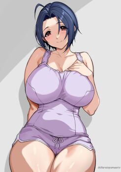 Rule 34 | 1girl, ahoge, alternate costume, armpit crease, blue hair, blush, breasts, cameltoe, collarbone, commentary, curvy, dolphin shorts, hand on own chest, harutoyumaarts, highres, huge breasts, idolmaster, idolmaster (classic), idolmaster million live!, looking at viewer, miura azusa, pink shorts, pink tank top, red eyes, short hair, short shorts, shorts, smile, solo, tank top, thick thighs, thighs, twitter username