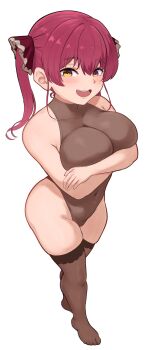 1girl absurdres bare_shoulders blush breasts brikot brown_leotard brown_thighhighs collarbone covered_navel crossed_arms hair_between_eyes hashtag-only_commentary heterochromia highres hololive houshou_marine houshou_marine_(1st_costume) huge_breasts leotard long_hair looking_at_viewer no_shoes open_mouth red_eyes red_hair red_ribbon ribbon simple_background smile solo teeth thighhighs thighs twintails virtual_youtuber white_background yellow_eyes