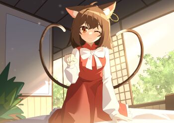 1girl :3 animal_ear_fluff animal_ear_piercing animal_ears blush bow bowtie brown_eyes brown_hair cat_ears cat_tail chen chinese_commentary clenched_hand closed_mouth commentary_request earrings frilled_skirt frills highres indoors jewelry kneeling long_sleeves looking_at_viewer multiple_tails nekomata no_headwear one_eye_closed paw_pose red_skirt red_vest sdftehn single_earring skirt smile solo tail touhou two_tails vest white_bow white_bowtie