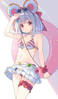 1girl armlet bikini bracelet center-flap_bangs closed_mouth collar dress granblue_fantasy grey_hair highres holding jewelry looking_at_viewer multicolored_eyes navel red_eyes short_hair solo swimsuit tagme vikala_(granblue_fantasy) white_dress zoirun