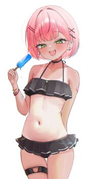 1girl absurdres aqua_streaks arm_at_side bandaid bandaid_on_arm bikini bikini_skirt black_bikini blush bob_cut bracelet collarbone commentary_request cowboy_shot earclip earrings eyelashes fang flat_chest food frilled_bikini frills gamble_0 green_eyes green_streaks hair_intakes hair_ornament hairclip hanako_nana hand_up highres holding holding_food holding_popsicle jewelry korean_commentary melting_popsicle multicolored_hair navel open_mouth paint_on_clothes paint_splatter parallel_hairclips petite pink_hair pink_streaks popsicle short_hair simple_background skin_fang smile solo standing stellive stomach streaked_hair stud_earrings sweat swimsuit tan tanline thigh_gap thigh_strap variant_set virtual_youtuber white_background x_hair_ornament