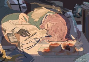 1boy 2girls absurdres anpan armor artist_name asaba_harumasa book cellphone child's_drawing chinese_commentary closed_eyes closed_mouth commentary covering_with_blanket food glasses gloves highres hoshimi_miyabi indoors japanese_armor long_hair map multiple_girls out_of_frame paperwork partially_fingerless_gloves pen phone pink_hair shoulder_armor sleeping slice_of_life smartphone sode solo_focus soukaku_(zenless_zone_zero) tray tsukishiro_yanagi unworn_eyewear xu_li_loxy zenless_zone_zero