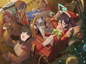 6+girls absurdres alternate_costume animal_collar animal_costume animal_ear_headphones animal_ears aqua_halo aris_(blue_archive) arms_up beard black_hair black_halo blonde_hair blue_archive blue_bow blue_eyes blue_necktie blush boots bow bowtie box cat_ear_headphones cat_ears cellphone christmas christmas_tree closed_eyes collar commentary_request decorating_christmas_tree deer_costume doodle_sensei_(blue_archive) dress facial_hair fake_animal_ears fake_beard fake_facial_hair fake_horns fake_mustache fake_tail game_console game_development_department_(blue_archive) garter_straps gift gift_box green_bow green_bowtie green_eyes green_halo halo hat headphones highres holding holding_leash holding_phone holding_sack horns indoors kei_(amas)_(blue_archive) kei_(blue_archive) kongaru_123 leash long_beard long_hair long_sleeves looking_at_phone looking_at_viewer mechanical_halo midori_(blue_archive) momoi_(blue_archive) multiple_girls necktie open_mouth phone pink_halo playstation_5 pom_pom_(clothes) purple_eyes purple_hair red_boots red_bow red_collar red_hair red_hat reindeer_costume rio_(blue_archive) robot sack santa_costume santa_dress santa_hat sensei_(blue_archive) skindentation sled smartphone smile spoken_expression string_of_flags tail thighhighs white_garter_straps white_thighhighs yellow_halo yuuka_(blue_archive) yuzu_(blue_archive)