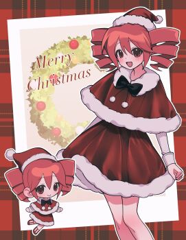 1girl :d absurdres black_bow blush bow capelet chibi christmas commentary drill_hair english_commentary fur-trimmed_capelet fur-trimmed_headwear fur-trimmed_skirt fur_trim hair_between_eyes hat highres kasane_teto looking_at_viewer merry_christmas open_mouth outline pom_pom_(clothes) red_capelet red_eyes red_hair red_hat red_skirt santa_hat shirt skirt smile tomya twin_drills utau white_outline white_shirt wreath