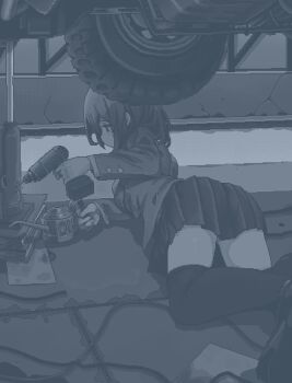 1girl black_thighhighs blazer book breaking car car_jack dress_shirt garage greyscale hamsterfragment holding_tool imminent_suicide jacket loafers long_sleeves looking_at_object medium_hair monochrome motor_vehicle oil_can original panties pantyshot power_drill school_uniform shirt shoes solo shinohata_sachie_(hamsterfragment) thighhighs under_car underwear zettai_ryouiki