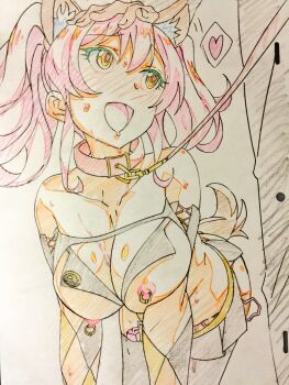 Rule 34 | 1boy, 1girl, all fours, animal ears, bare shoulders, bdsm, breasts, cleavage, collar, commentary request, detached sleeves, dog ears, dog tail, heart, highres, idolmaster, idolmaster cinderella girls, jougasaki mika, large breasts, leash, long hair, miniskirt, nipple piercing, nipples, open mouth, pet play, petting, piercing, pink hair, sex toy, sharekoube, sidelocks, skirt, slave, smile, tail, traditional media, twintails, vibrator, vibrator under clothes, yellow eyes