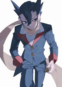 1boy absurdres black_hair black_jacket black_pants blue_eyes buttons ccf2q closed_mouth coin grimsley_(pokemon) hair_between_eyes hand_in_pocket highres holding holding_coin jacket long_sleeves male_focus nintendo pants pokemon pokemon_bw scarf simple_background solo spiked_hair yellow_scarf