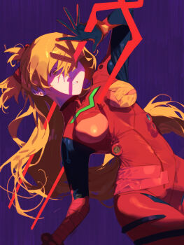 1girl bodysuit brown_hair empty_eyes expressionless highres injury interface_headset_(evangelion) lance lance_of_longinus_(evangelion) long_hair looking_at_viewer mecha_pilot_suit neon_genesis_evangelion nosejak orange_background patchwork_clothes plugsuit_(evangelion) polearm raneblu red_bodysuit solo souryuu_asuka_langley the_end_of_evangelion weapon wide_hips