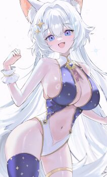 Rule 34 | 1girl, absurdres, animal ear fluff, animal ears, belt, blue eyes, blue thighhighs, breasts, center opening, character request, commentary, commission, copyright request, gurami (zangizarang), hair ornament, highres, large breasts, leotard, long hair, long sleeves, looking at viewer, navel, scrunchie, single thighhigh, solo, star (symbol), star hair ornament, thigh belt, thigh strap, thighhighs, white hair, wrist scrunchie