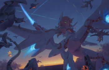 2girls android antica_(bigrbear) armor armored_leotard ass bigrbear blonde_hair broken_armor commentary_request energy_gun energy_sword green_eyes highres leotard mechanical_ears mechanical_wings multiple_girls original ostia_(bigrbear) short_hair sunrise sword upside-down weapon weight wings