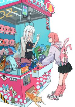 2girls absurdres against_glass animal_bag bandaid bandaid_on_leg black_skirt cat character_doll commentary_request covering_privates crane_(machine) crane_game doll ear_tag fish grey_hoodie hair_between_eyes hand_on_glass hatsune_miku highres hood hood_down hoodie hugging_doll hugging_object hunched_over loch_ness_monster lollipop_in_mouth looking_at_another loose_socks multiple_girls navel nike_(company) nude nude_cover orange_cat original pink_hair pink_socks pleated_skirt rabbit_bag red_eyes shoes simple_background skirt sneakers socks standing stomach stuffed_animal stuffed_crocodile stuffed_octopus stuffed_toy tinkie tongue tongue_out white_background white_hair white_shoes zipper