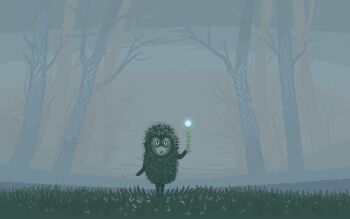 1other :o animated animated_gif black_eyes dneiya fog forest furry grass grey_background hedgehog_boy highres holding holding_plant nature original outdoors pixel_art plant solo standing tree