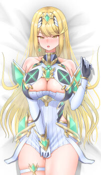 1girl absurdres bare_shoulders blonde_hair breasts chest_jewel cleavage cleavage_cutout clothing_cutout commentary_request core_crystal_(xenoblade) cowboy_shot dress dress_tug highres large_breasts long_hair lying meipasuye microdress mythra_(xenoblade) on_back on_bed solo tiara white_dress xenoblade_chronicles_(series) xenoblade_chronicles_2 yellow_eyes