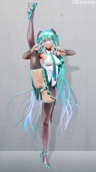 1girl 3d aliasing aqua_eyes aqua_hair arm_up armpits black_thighhighs blush bra detached_sleeves eyelashes female_focus fingernails flexible full_body groin_tendon hatsune_miku high_heels highres leg_lift leg_up leslyzerosix lips long_hair looking_at_viewer nail_polish necktie panties pantyshot pleated_skirt see-through_clothes shirt shoes skirt smile solo split standing standing_on_one_leg standing_split striped_bra striped_clothes striped_panties taut_clothes taut_shirt thighhighs thighs twintails underwear upskirt v very_long_hair vocaloid