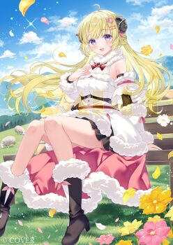 Rule 34 | 1girl, :d, ahoge, animal ears, black boots, black skirt, blonde hair, blue sky, boots, bow, bowtie, braid, breasts, cape, commentary request, copyright name, day, detached sleeves, dress, falling petals, full body, fur-trimmed boots, fur-trimmed cape, fur-trimmed dress, fur-trimmed sleeves, fur trim, hair ornament, hairclip, half up braid, highres, hololive, horns, large breasts, long hair, miniskirt, official art, open mouth, outdoors, petals, pleated skirt, purple eyes, red bow, red bowtie, sample watermark, sheep ears, sheep girl, sheep horns, short dress, sitting, skirt, skirt under dress, sky, sleeveless, sleeveless dress, smile, solo, tsunomaki watame, tsunomaki watame (1st costume), two-sided cape, two-sided fabric, very long hair, virtual youtuber, wasabi (sekai), watermark, white dress