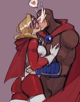 1girl ass blonde_hair blush boots brooch cape closed_eyes cowboy_shot f-zero gloves hands_on_another&#039;s_chest heart hetero highres husband_and_wife jewelry kissing_cheek mask monkii_(mjooolnina) mrs._arrow muscular muscular_female muscular_male nintendo open_mouth purple_background smile solo spoken_heart sunglasses super_arrow thigh_boots