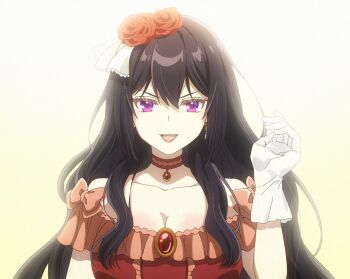 Rule 34 | anime screenshot, black hair, breasts, cleavage, eris no seihai, large breasts, long hair, purple eyes, scarlet castiel, stitched, third-party edit