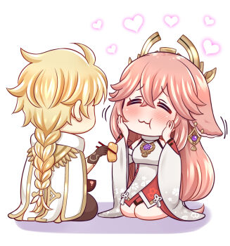 1boy 1girl aether_(genshin_impact) ahoge animal_ears blonde_hair blush braid braided_ponytail brown_gloves cape chopsticks closed_eyes commentary_request dress eating feeding food fox_ears genshin_impact gloves heart highres holding holding_chopsticks kneeling long_hair pink_hair tofu white_cape white_dress yae_miko yakisobapan_tarou_&amp;_negitoro-ko