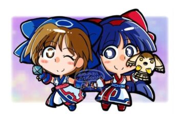 Rule 34 | 2girls, ainu clothes, blue eyes, blue hair, breasts, brown eyes, brown hair, chibi, fingerless gloves, gloves, hair ribbon, legs, long hair, looking at viewer, mamahaha, medium breasts, multiple girls, nakoruru, one eye closed, pants, ribbon, rimururu, samurai spirits, short hair, siblings, sisters, small breasts, smile, snk, thighs, weapon, wink