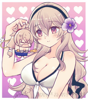 1boy 1girl anger_vein arrow_(projectile) bare_shoulders bikini black_hairband blush border breasts chibi cleavage closed_eyes closed_mouth collarbone commentary_request female_corrin_(fire_emblem) female_corrin_(novice_vacationer)_(fire_emblem) fire_emblem fire_emblem_fates fire_emblem_heroes flower grey_hair hair_between_eyes hair_flower hair_ornament hairband heart heart_background holding holding_arrow holding_chibi large_breasts long_hair looking_at_another male_swimwear nintendo official_alternate_costume open_mouth outside_border ponytail red_eyes skt_s smile swim_trunks swimsuit takumi_(fire_emblem) takumi_(prince_at_play)_(fire_emblem) twitter_username very_long_hair white_border