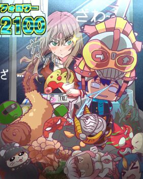 Rule 34 | 1girl, against glass, arcade, asanaka yomogi, black jacket, black pantyhose, blue hair, blush, brown hair, character doll, controller, crane game, doll, godzilla (series), godzilla vs. hedorah, green eyes, gridman universe, gundam, hair ornament, hamtaro, hamtaro (series), hedorah, highres, holding, holding doll, holding stuffed toy, in crane game, jacket, joystick, jumie80, kamen rider, kamen rider amazon alpha, kamen rider amazons, kamen rider imperer, kamen rider ryuki (series), long hair, long sleeves, marvel, matango, minami yume, mobile suit gundam, pantyhose, pleated skirt, school uniform, shirt, short hair, skirt, spider-man (series), ssss.dynazenon, stuffed animal, stuffed toy, toho, tokusatsu, ultra kaijuu gijinka keikaku, ultra series, zaku, zetton