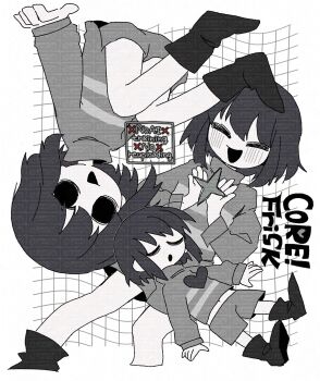 1other :d :o ^_^ alternate_universe ankle_boots bare_legs bob_cut boots character_name closed_eyes core_frisk cropped_legs facing_viewer frisk_(undertale) full_body greyscale grid_background hair_between_eyes hands_up hashtag-only_commentary heart highres hollow_eyes knees_up long_sleeves monochrome mr0x0 multiple_views navel open_mouth other_focus puffy_long_sleeves puffy_sleeves short_hair shorts simple_background sitting smile sparkle striped_clothes striped_sweater sweater too_many_watermarks turtleneck turtleneck_sweater u_u undertale upside-down utdr_(toby_fox) watermark white_background
