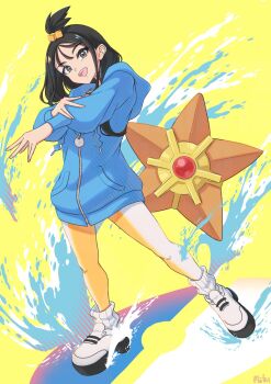 1girl black_hair blue_hoodie cube_hair_ornament gen_1_pokemon grey_eyes hair_ornament highres hood hood_down hoodie leggings lida_(pokemon) long_hair long_sleeves looking_at_viewer mochitaro_(mothitaroo) nintendo open_mouth orange_leggings pokemon pokemon_(creature) pokemon_legends:_z-a ribbed_socks shirt shoes smile socks staryu teeth topknot two-tone_legwear upper_teeth_only white_leggings white_socks wispy_bangs