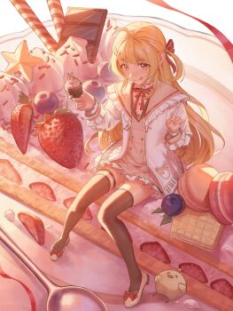 1girl :q absurdres ahoge animal baby_animal bird birthday blonde_hair blueberry bow breasts brown_dress brown_sailor_collar brown_thighhighs buttons cake chick chocolate closed_mouth commentary_request cupcake dot_nose double-breasted dress food food_on_face footwear_bow fortissimo frilled_jacket frills from_above fruit full_body gradient_hair hair_intakes hair_ornament hair_ribbon hairclip highres holding holding_food hololive hololive_dev_is icing jacket jesslapt long_hair long_sleeves looking_at_viewer loose_hair_strand macaron mini_person minigirl multicolored_hair musical_note musical_note_hair_ornament neck_ribbon one_side_up orange_hair otonose_kanade otonose_kanade_(1st_costume) plaid_clothes plaid_dress plate red_eyes red_ribbon ribbon sailor_collar shirt shoes sidelocks sitting sitting_on_food small_breasts smile solo_focus spoon sprinkles star_(symbol) strawberry strawberry_cake swept_bangs thighhighs thighs tongue tongue_out turning_head two-tone_hair virtual_youtuber warm_colored white_jacket white_shirt yellow_bird
