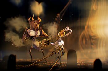 1girl 1other arthropod_girl cloak commentary dual_wielding english_commentary full_body highres holding holding_weapon hollow_knight hollow_knight:_silksong horned_mask last_judge_(hollow_knight) looking_at_another mask no_humans outdoors oxide_cat pin_(hollow_knight) second_sentinel_(hollow_knight) sidelighting standing weapon white_cloak white_eyes wide_shot