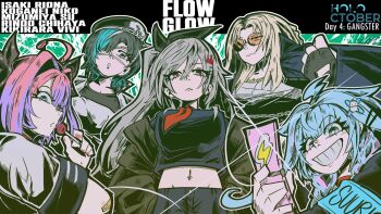 5girls ahoge bandaid black_hair blonde_hair blue_eyes blue_hair braid cellphone choker eyepatch gangster grey_hair grin hair_between_eyes highres hololive hololive_dev_is isaki_riona jacket kikirara_vivi koganei_niko long_hair medical_eyepatch midriff mizumiya_su multicolored_hair multiple_girls navel one_side_up phone rindo_chihaya roxis_in_wunder school_uniform shirt smartphone smile streaked_hair virtual_youtuber