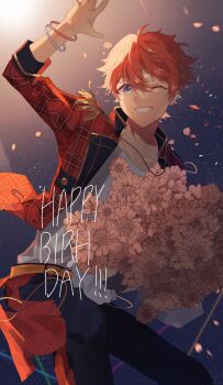 1boy akehoshi_subaru arm_up belt black_pants blue_eyes bouquet bracelet confetti cowboy_shot ensemble_stars! flower hair_between_eyes happy_birthday highres holding holding_bouquet jacket jewelry light_particles long_sleeves looking_at_viewer male_focus necklace one_eye_closed open_clothes open_jacket orange_belt orange_flower orange_hair pants red_jacket shirt short_hair smile solo stage_lights white_shirt ya_saiuma