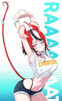 1girl absurdres ahoge animal_ears armpits black_choker black_hair bow bracelet breasts cafelittle choker closed_eyes closed_mouth clothes_writing earrings hakos_baelz highres hololive hololive_english jewelry large_breasts motion_lines mouse_ears mouse_girl mouse_tail multicolored_hair navel red_hair shirt short_shorts shorts solo stomach streaked_hair stretching tail tail_bow tail_ornament thighs tied_shirt virtual_youtuber white_bow white_hair white_shirt